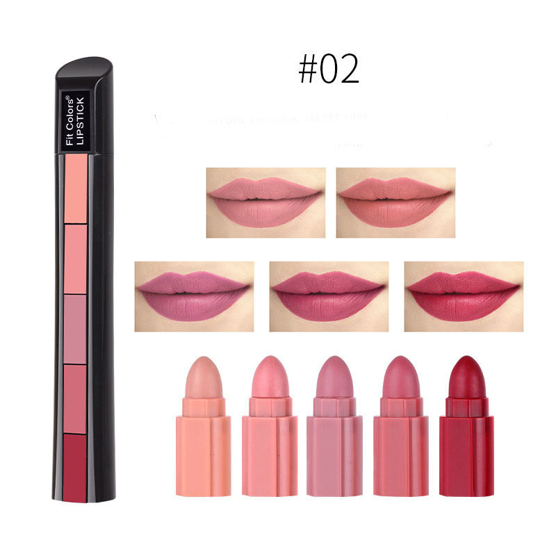 5 in 1 Velvet Matte Lipstick set showcasing five shades and lip swatches for versatile lip looks.