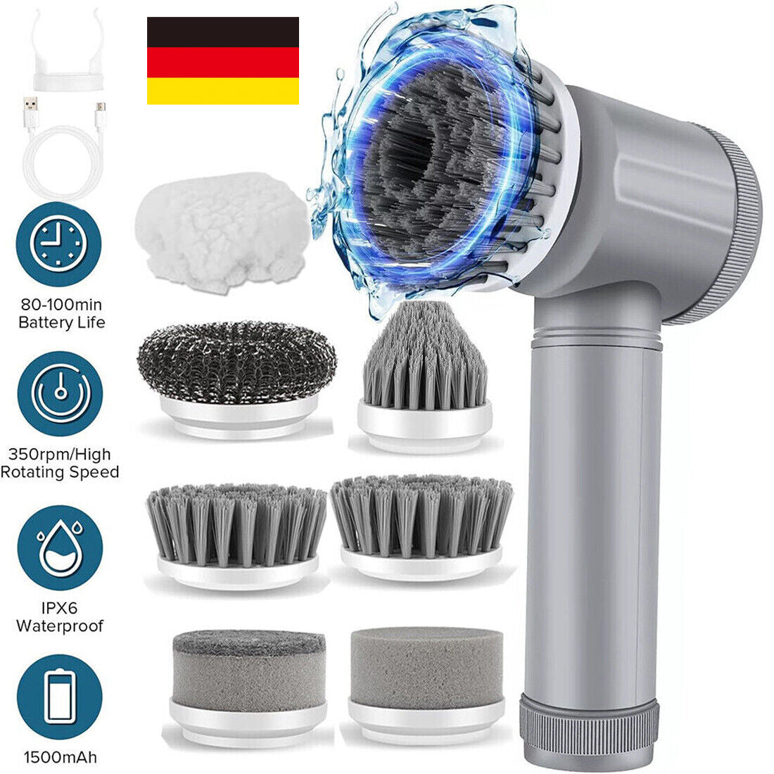 Rechargeable cordless electric cleaning brush with multiple brush heads and waterproof design, ideal for effective cleaning.