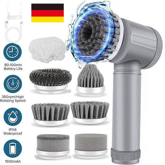 Rechargeable cordless electric cleaning brush with multiple brush heads and waterproof design, ideal for effective cleaning.