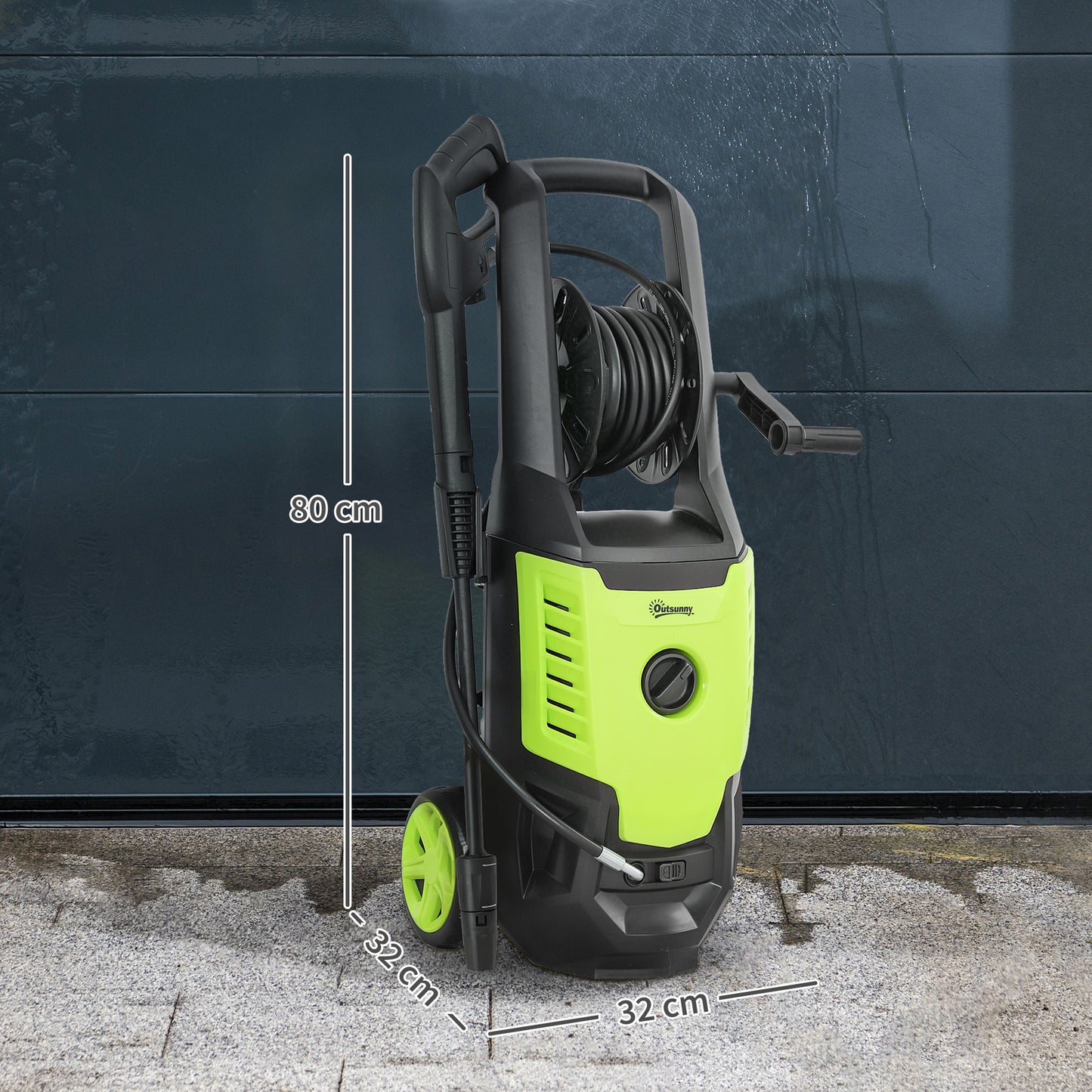 portable electric pressure washer 2200W on a concrete surface with measuring dimensions.