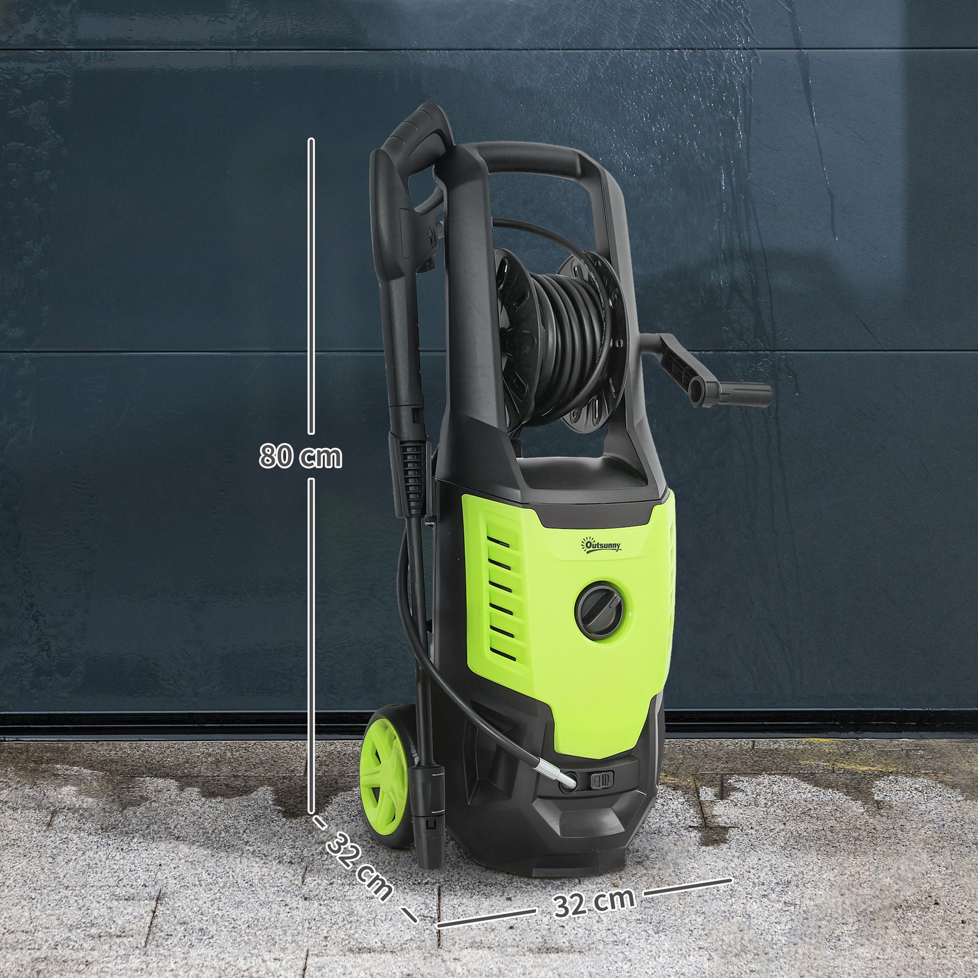 portable electric pressure washer 2200W on a concrete surface with measuring dimensions.