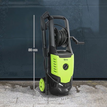 portable electric pressure washer 2200W on a concrete surface with measuring dimensions.