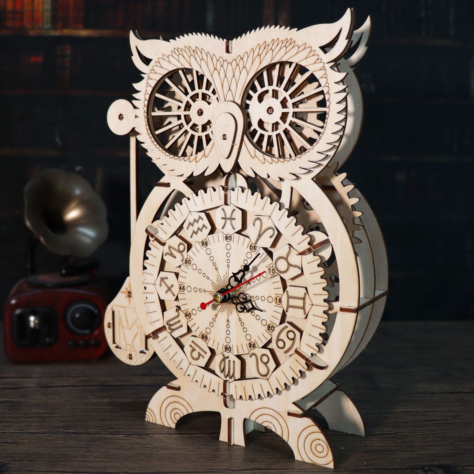 Wooden owl clock puzzle kit from MUSIC PARK, intricately designed with gears and unique features, perfect for crafting.