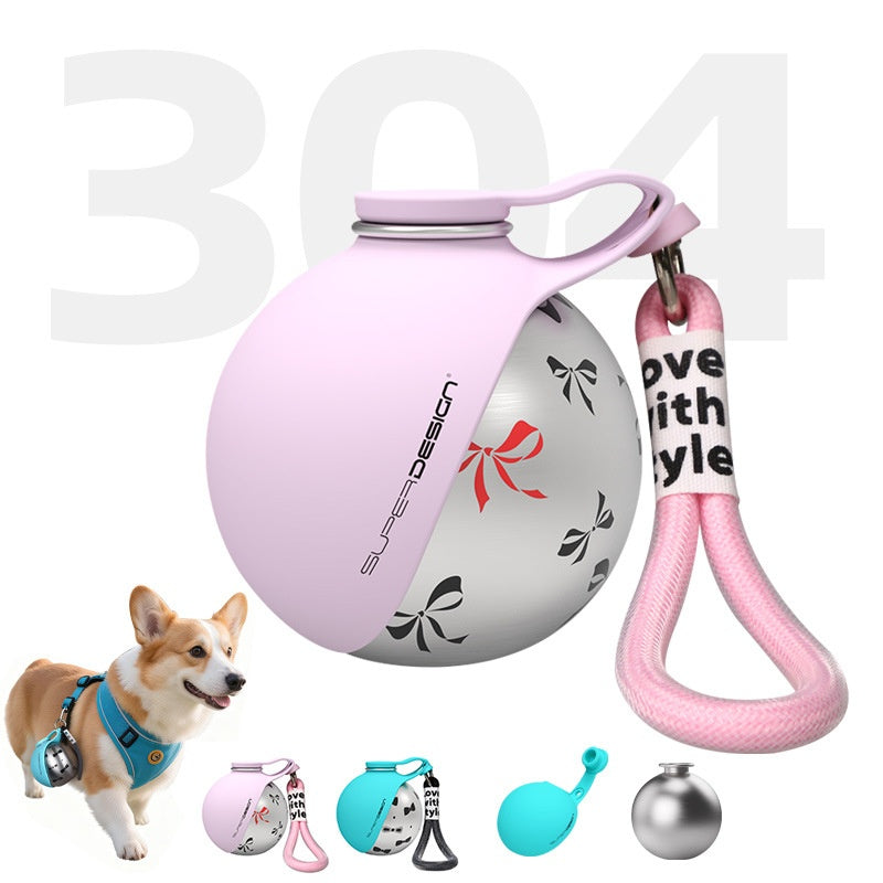 portable dog water bottle in pink with built-in bowl for dogs, ideal for travel and outdoor hydration.