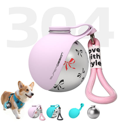 portable dog water bottle in pink with built-in bowl for dogs, ideal for travel and outdoor hydration.
