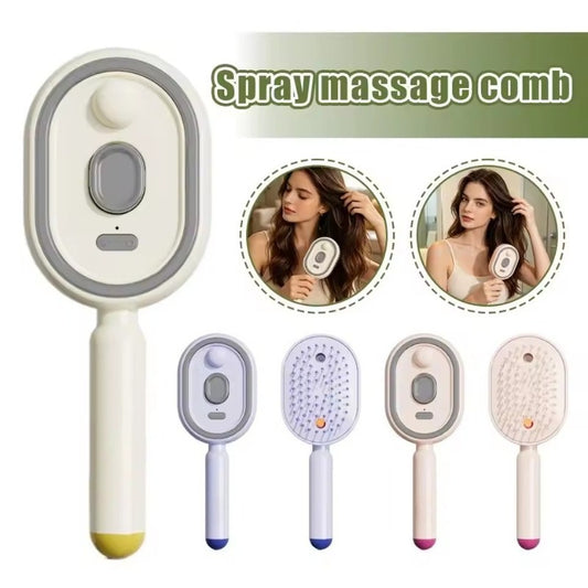 Electric massage hair brush with spray function for relaxing scalp massage and anti-static hair care.