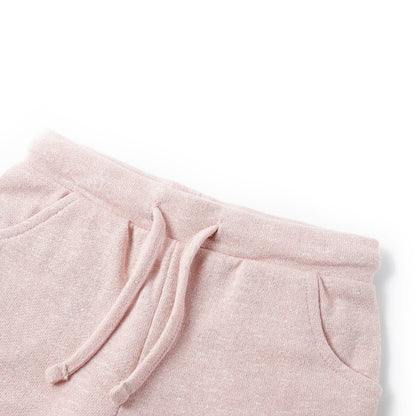 Light pink children's shorts with drawstring featuring an elasticated waistband and inset front pockets.