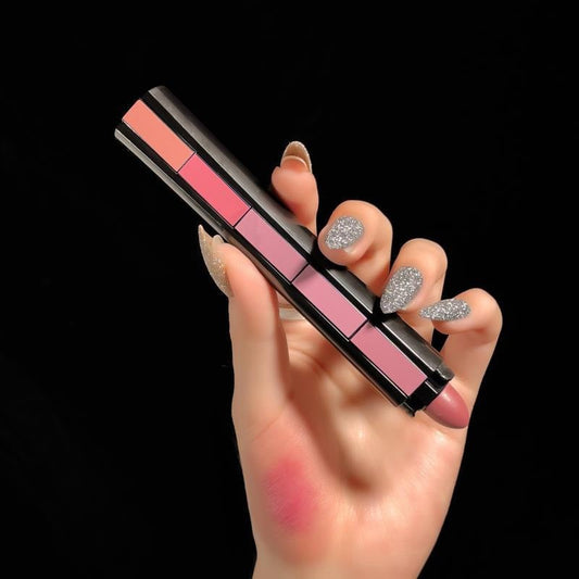 5 in 1 Velvet Matte Lipstick held in hand showcasing five vibrant shades for stunning lip looks.