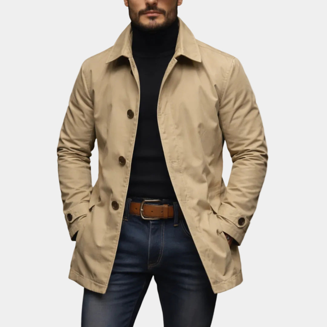 Mens Retro Waterproof Long-Sleeve Cardigan Trench Coat in beige, showcasing a mature casual style for spring and autumn.