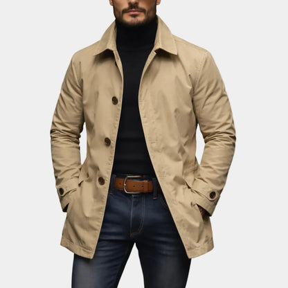 Mens Retro Waterproof Long-Sleeve Cardigan Trench Coat in beige, showcasing a mature casual style for spring and autumn.