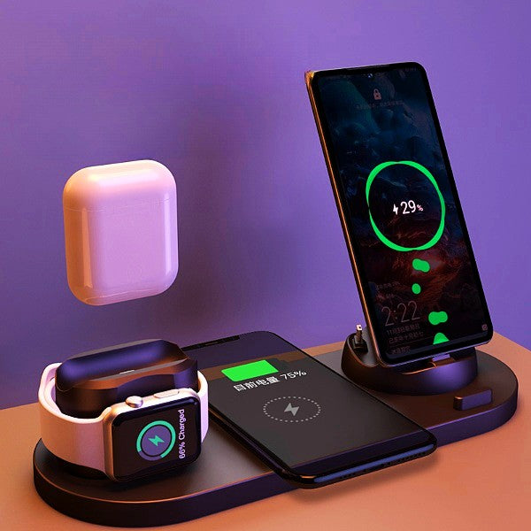 6 in 1 wireless charging dock for iPhone, showing charging for iPhone, AirPods, and Apple Watch.