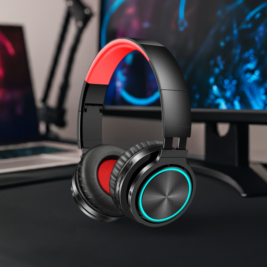 Wireless Headphones in a sleek design with neon accents, perfect for gaming and music listening.