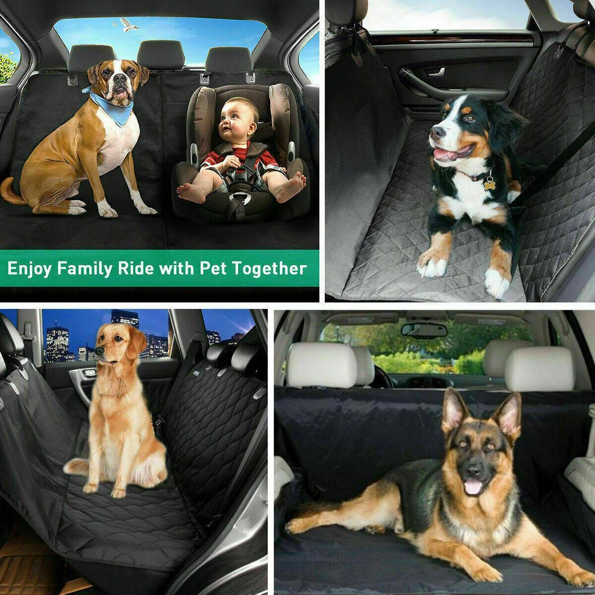 Pet Car Seat Cover Dog Safety Protector Mat Rear Back Seat Hammock Cushion Mat in use with various dogs and kids.