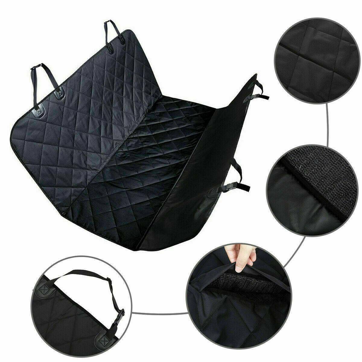 Pet Car Seat Cover Dog Safety Protector Mat Rear Back Seat Hammock Cushion Mat in black, featuring quilted design and secure straps.