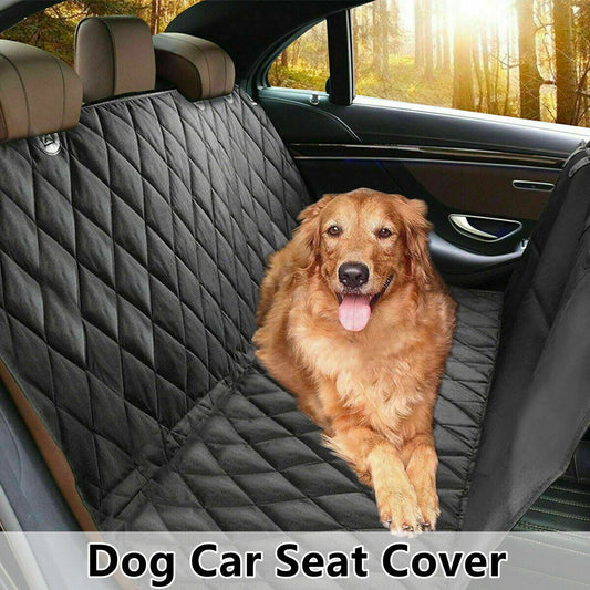 Pet Car Seat Cover Dog Safety Protector Mat Rear Back Seat Hammock Cushion Mat with a dog relaxing on it.