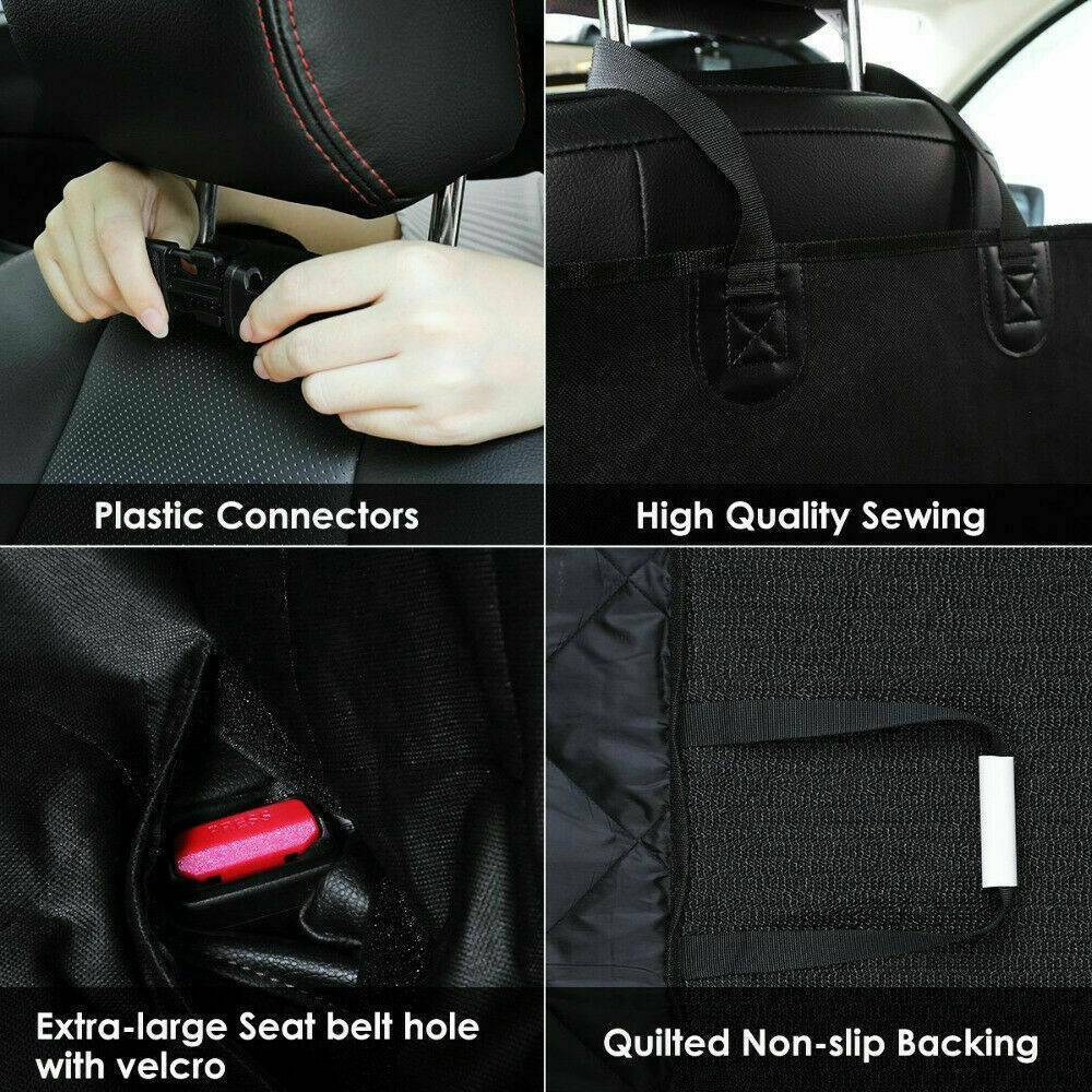 Details of Pet Car Seat Cover Dog Safety Protector Mat Rear Back Seat Hammock Cushion Mat features including connectors and sewing.