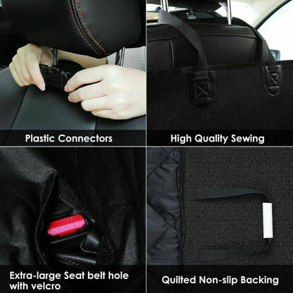 Details of Pet Car Seat Cover Dog Safety Protector Mat Rear Back Seat Hammock Cushion Mat features including connectors and sewing.