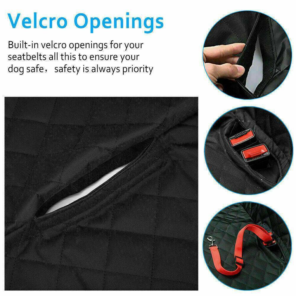 Pet Car Seat Cover Dog Safety Protector Mat Rear Back Seat Hammock Cushion Mat with Velcro openings for seatbelt access.