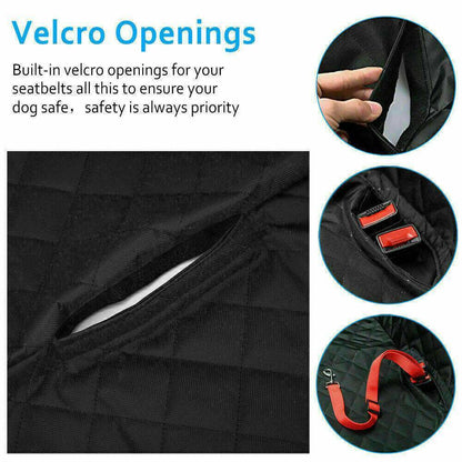 Pet Car Seat Cover Dog Safety Protector Mat Rear Back Seat Hammock Cushion Mat with Velcro openings for seatbelt access.