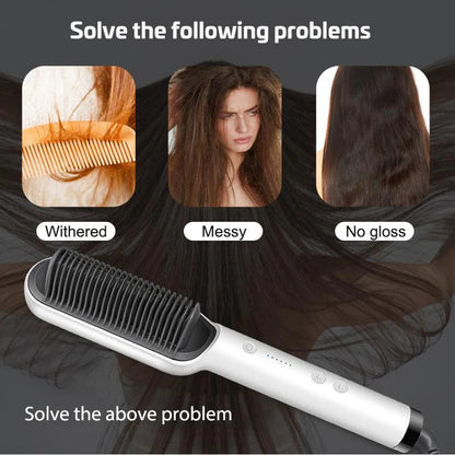 2-in-1 Negative Ion Hair Straightener Comb solves hair problems like frizz, messiness, and lack of shine.